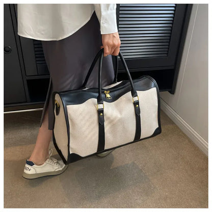 Black Contrast Color Women's Travel Bag - Canvas & PU Leather Trim Luggage (32x21x14cm) - Image 5