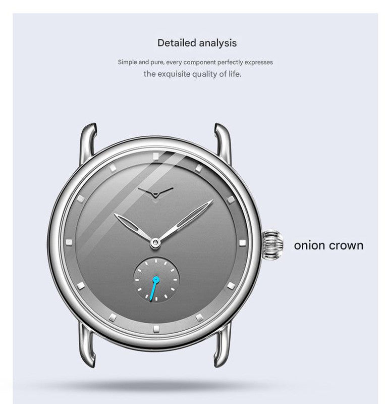 Black Elegant Men's Watch with Leather Band - Small Seconds, Onion Crown Detail - Image 3