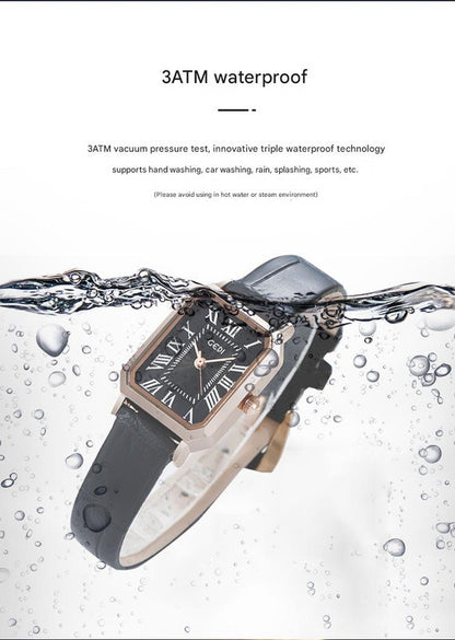 Rose gold case, white dial and black belt Ladies Quartz Watch - Classic Rectangular, Leather Band - Image 4