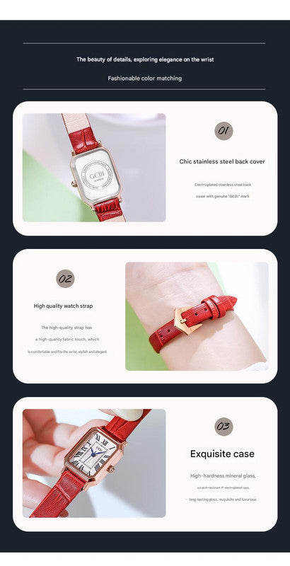 Rose gold case, white dial and black belt Ladies Quartz Watch - Classic Rectangular, Leather Band - Image 5