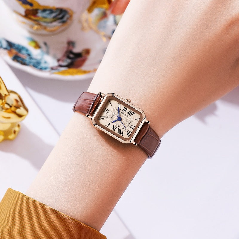 Rose gold shell, white plate and coffee strap Ladies Quartz Watch - Classic Rectangular, Leather Band - Image 2