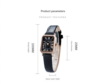 Rose gold case, white dial, grey belt Ladies Quartz Watch - Classic Rectangular, Leather Band - Image 2