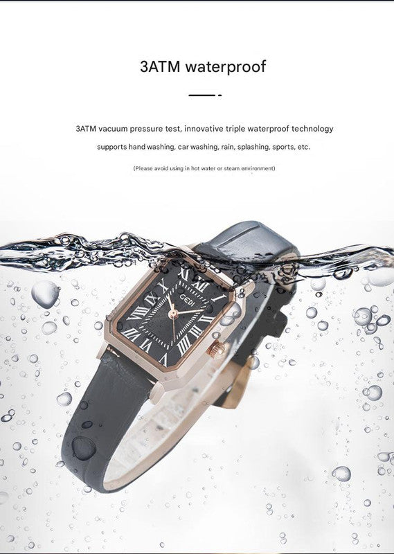 Rose gold case, white dial, grey belt Ladies Quartz Watch - Classic Rectangular, Leather Band - Image 3
