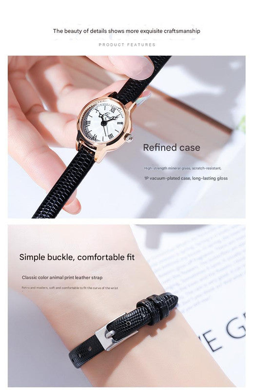 Rose Shell White Plate Red Ribbon Delicate Women's Watch - 20mm Roman Numeral Dial, Leather Strap - Image 2