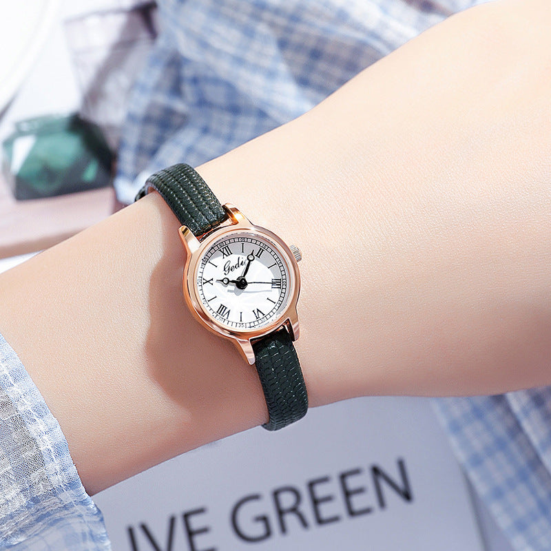Rose Shell White Plate Green Belt Delicate Women's Watch - 20mm Roman Numeral Dial, Leather Strap - Image 2