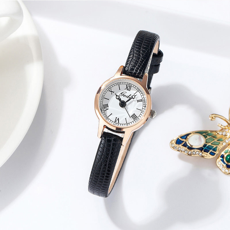 Rose shell white plate black belt Delicate Women's Watch - 20mm Roman Numeral Dial, Leather Strap
