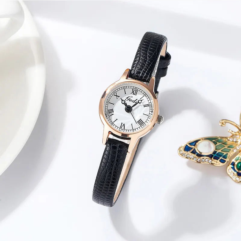 Rose shell white plate black belt Delicate Women's Watch - 20mm Roman Numeral Dial, Leather Strap