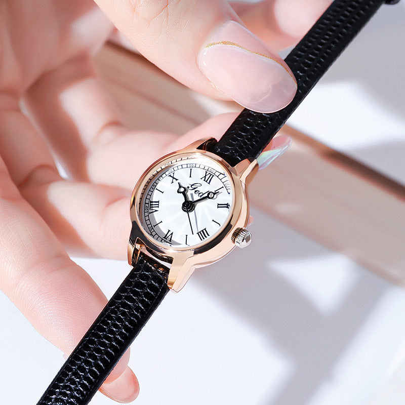 Rose shell white plate black belt Delicate Women's Watch - 20mm Roman Numeral Dial, Leather Strap - Image 2