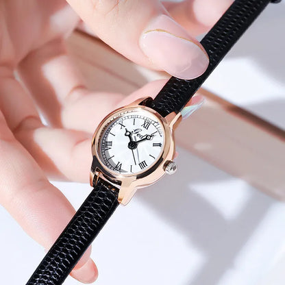 Rose shell white plate black belt Delicate Women's Watch - 20mm Roman Numeral Dial, Leather Strap - Image 2
