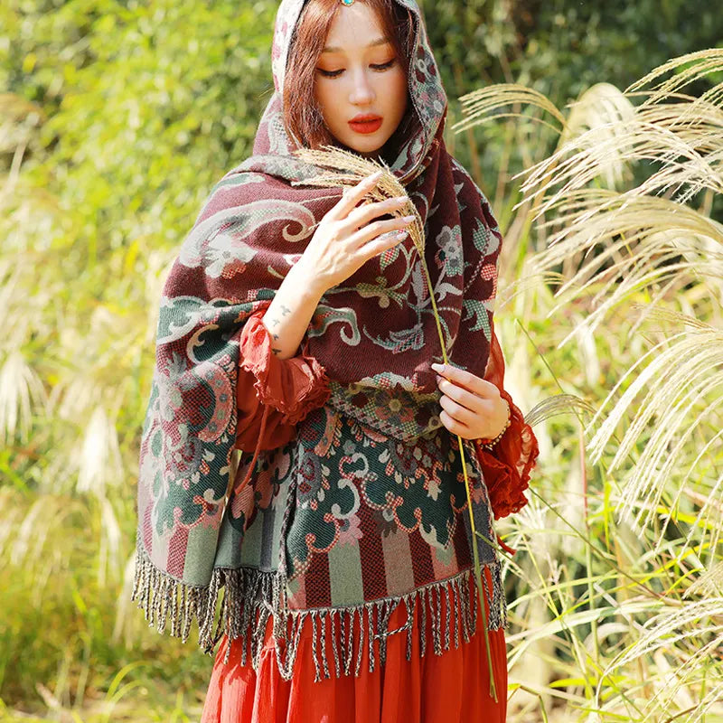 Style 1 Women's Ethnic Faux Cashmere Shawl Wrap - Jacquard Pattern Tassel Scarf (Flowers in full bloom)