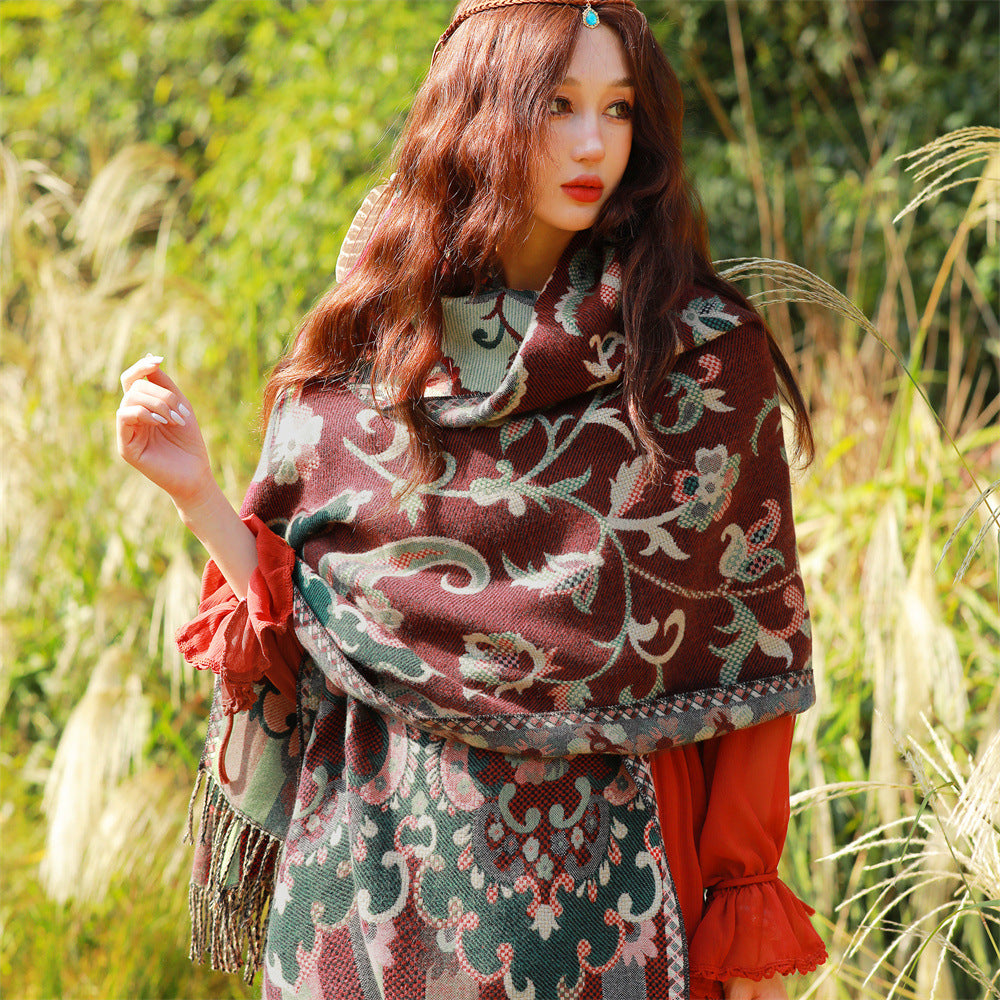 Style 1 Women's Ethnic Faux Cashmere Shawl Wrap - Jacquard Pattern Tassel Scarf (Flowers in full bloom) - Image 2