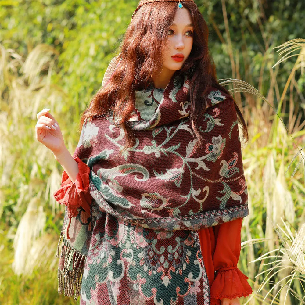 Style 1 Women's Ethnic Faux Cashmere Shawl Wrap - Jacquard Pattern Tassel Scarf (Flowers in full bloom) - Image 2