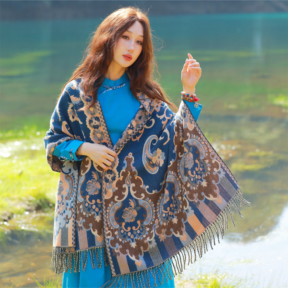 Style 2 Women's Ethnic Faux Cashmere Shawl Wrap - Jacquard Pattern Tassel Scarf (Flowers in full bloom blue) - Image 2