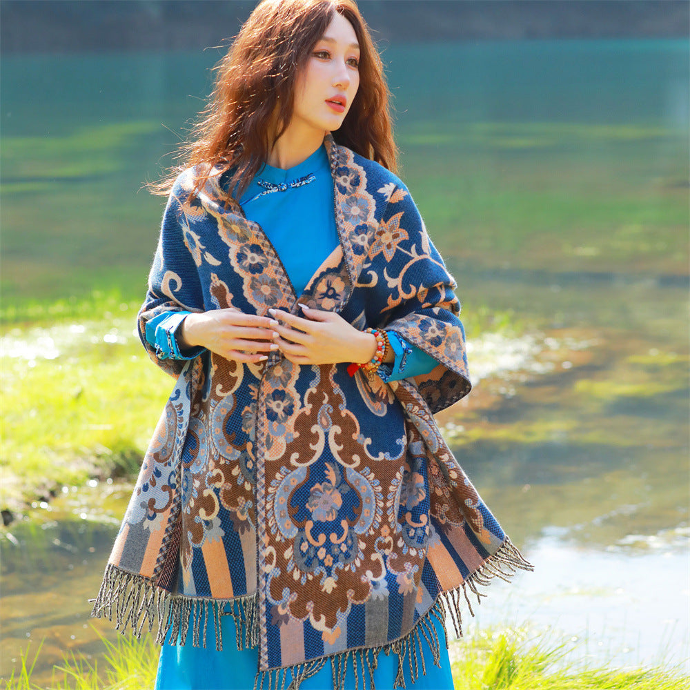 Style 2 Women's Ethnic Faux Cashmere Shawl Wrap - Jacquard Pattern Tassel Scarf (Flowers in full bloom blue) - Image 3