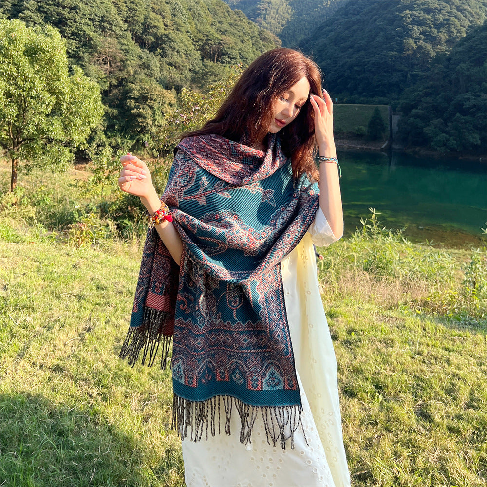 Style 3 Women's Ethnic Faux Cashmere Shawl Wrap - Jacquard Pattern Tassel Scarf (A unique blue) - Image 2