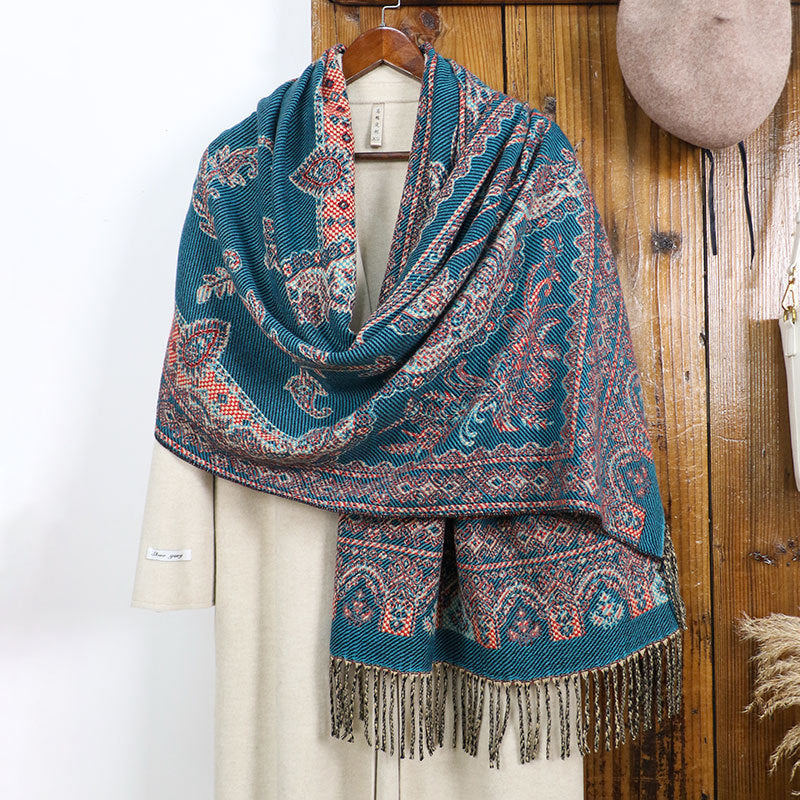 Style 3 Women's Ethnic Faux Cashmere Shawl Wrap - Jacquard Pattern Tassel Scarf (A unique blue) - Image 3