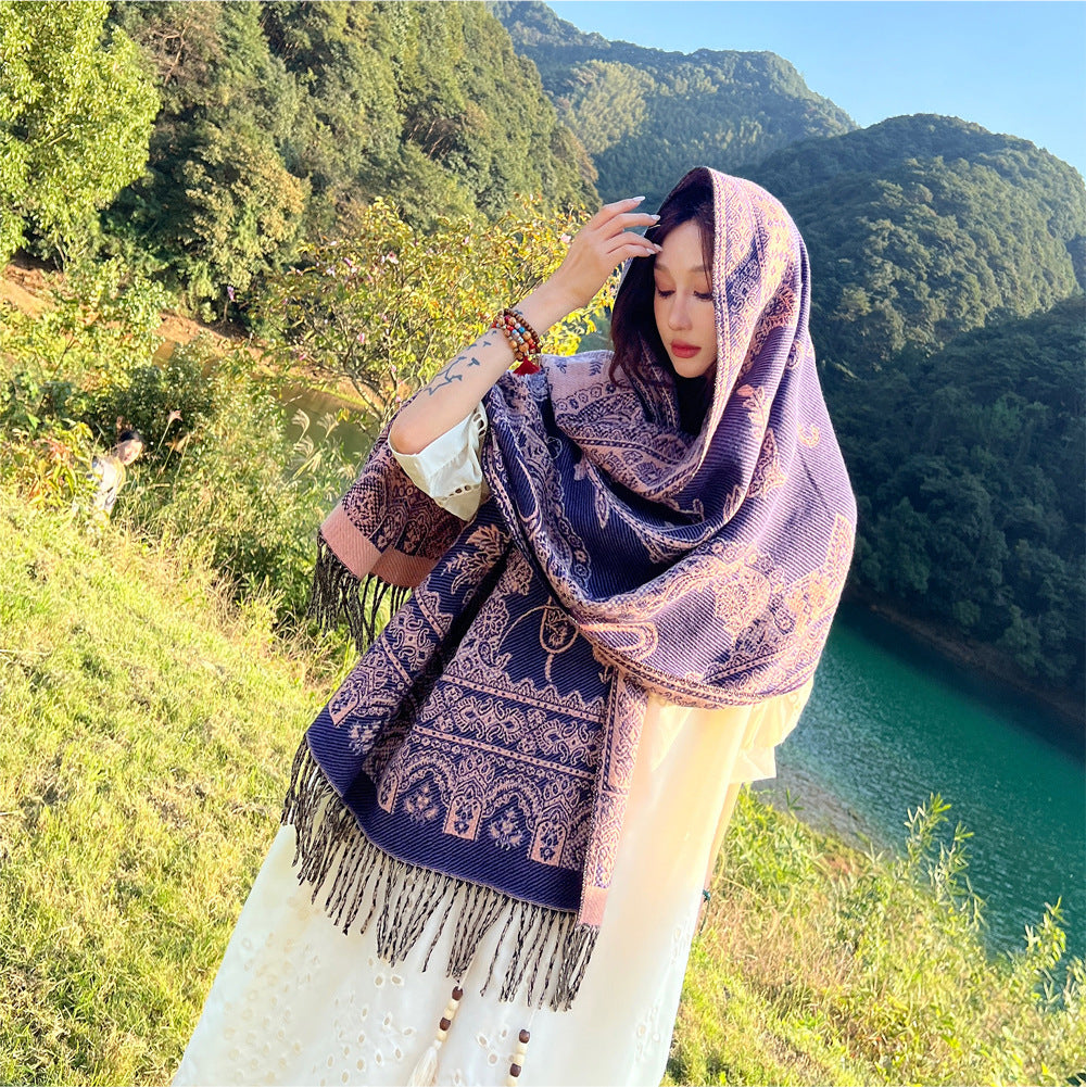 Style 4 Women's Ethnic Faux Cashmere Shawl Wrap - Jacquard Pattern Tassel Scarf (A unique hole purple) - Image 2