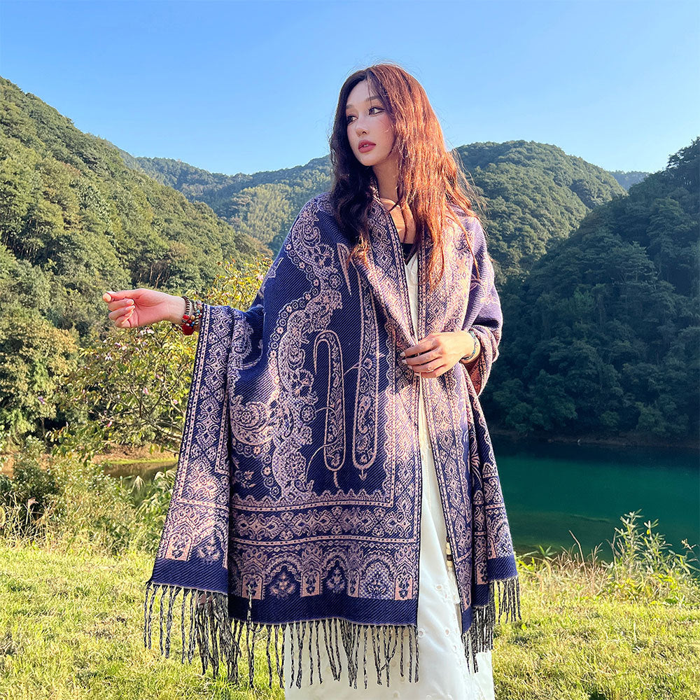 Style 4 Women's Ethnic Faux Cashmere Shawl Wrap - Jacquard Pattern Tassel Scarf (A unique hole purple) - Image 3