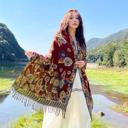 Style 5 Women's Ethnic Faux Cashmere Shawl Wrap - Jacquard Pattern Tassel Scarf (Ink Rain and Flowers) - Image 2