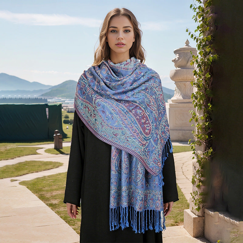 Blue Elegant Retro Paisley Print Scarf for Women - Soft Fashion Shawl Wrap 185x70cm - Image 2