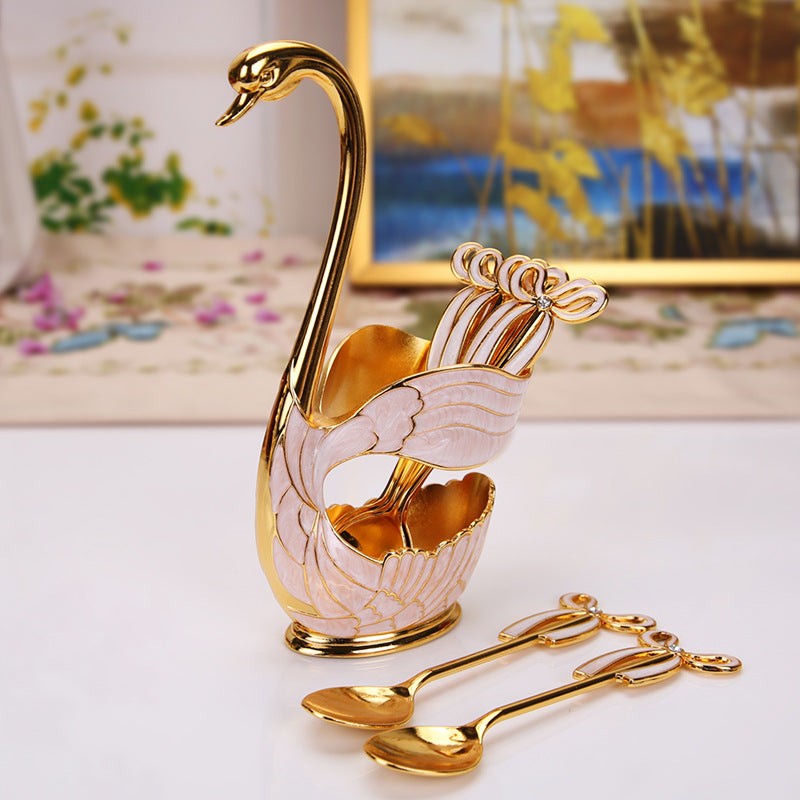 Elegant Swan Base Spoon Holder Set with 6 Coffee/Dessert Spoons(Gold and white spoon) - Image 2