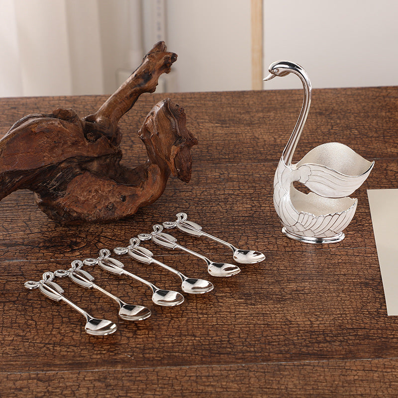 Elegant Swan Base Spoon Holder Set with 6 Coffee/Dessert Spoons(Silver spoon) - Image 2