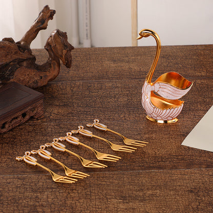 Elegant Swan Base Spoon Holder Set with 6 Coffee/Dessert Spoons(Gold Fork) - Image 2