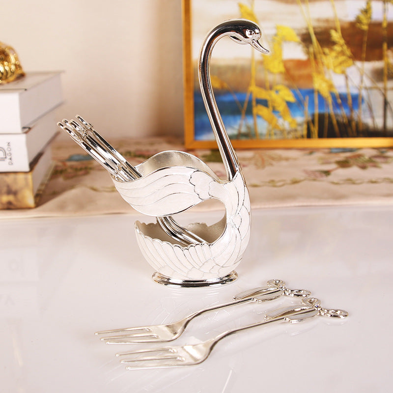 Elegant Swan Base Spoon Holder Set with 6 Coffee/Dessert Spoons(Silver fork) - Image 3