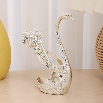 Silver Elegant Swan Cutlery Holder Set with 6 Dessert Spoons - Image 2