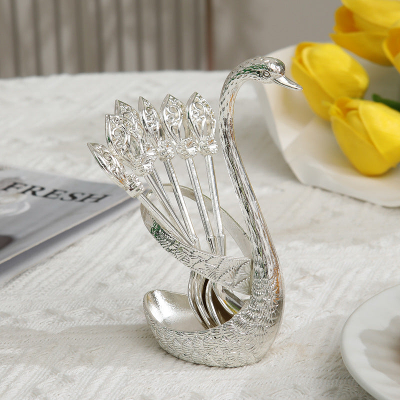 Silver Elegant Swan Cutlery Holder Set with 6 Dessert Spoons - Image 3
