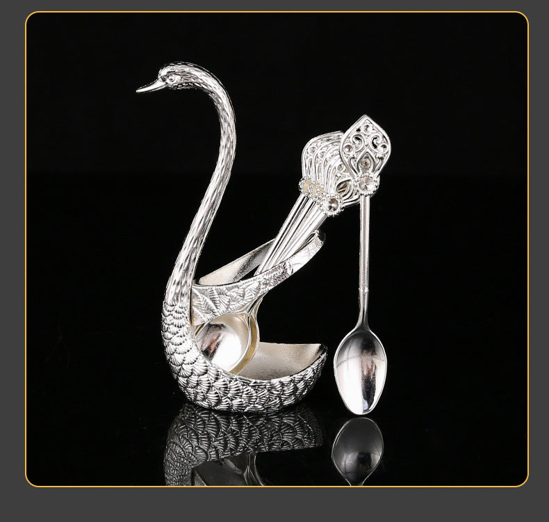 Silver Elegant Swan Cutlery Holder Set with 6 Dessert Spoons - Image 4