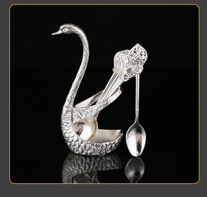 Silver Elegant Swan Cutlery Holder Set with 6 Dessert Spoons - Image 4