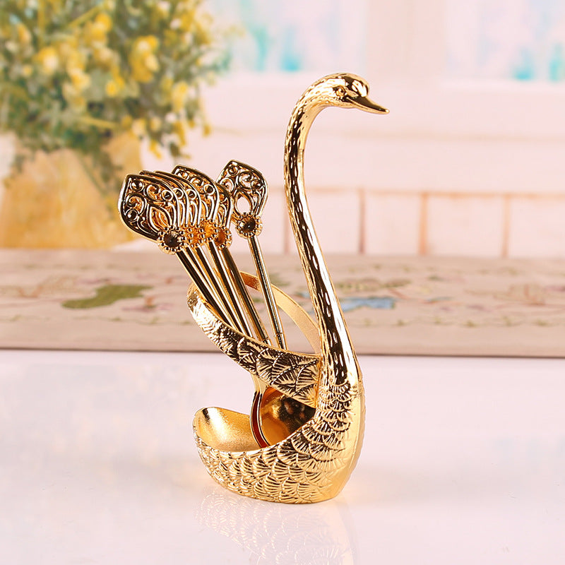 Gold Elegant Swan Cutlery Holder Set with 6 Dessert Spoons - Image 2