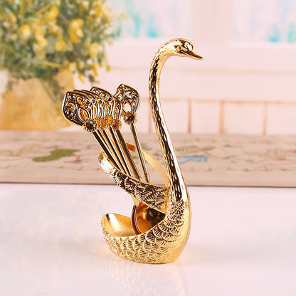 Gold Elegant Swan Cutlery Holder Set with 6 Dessert Spoons - Image 2