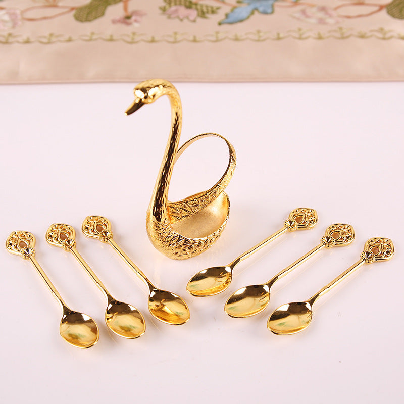 Gold Elegant Swan Cutlery Holder Set with 6 Dessert Spoons - Image 3