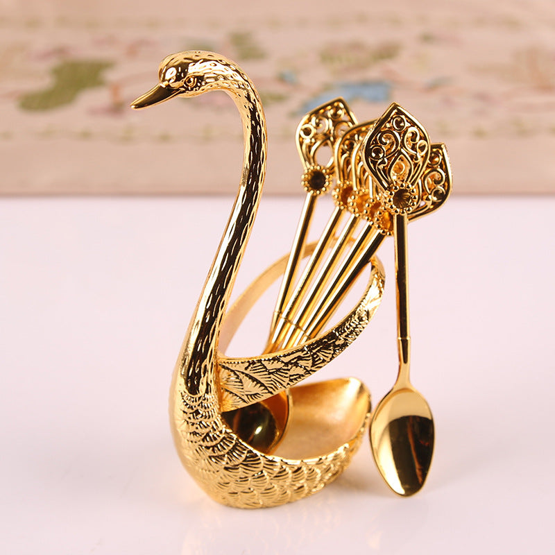Gold Elegant Swan Cutlery Holder Set with 6 Dessert Spoons - Image 4