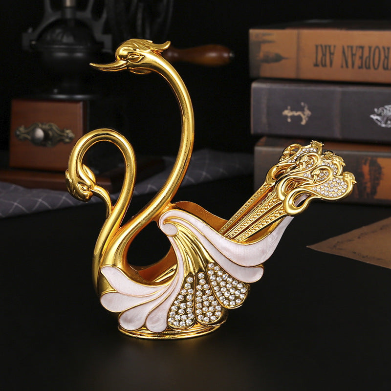 Gold Elegant Double Swan Cutlery Holder Set with 6pcs Spoons - Image 2