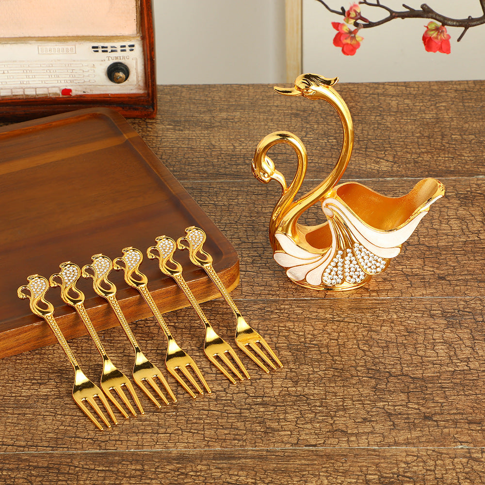 Gold Elegant Double Swan Cutlery Holder Set with 6pcs Fork - Image 2