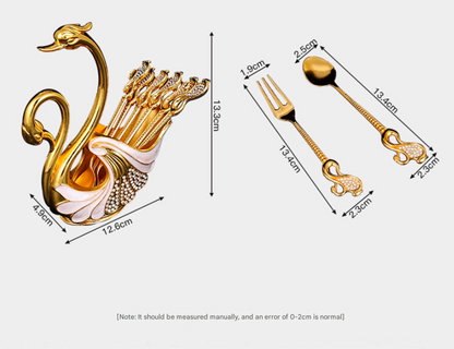 Gold Elegant Double Swan Cutlery Holder Set with 6pcs Fork - Image 3