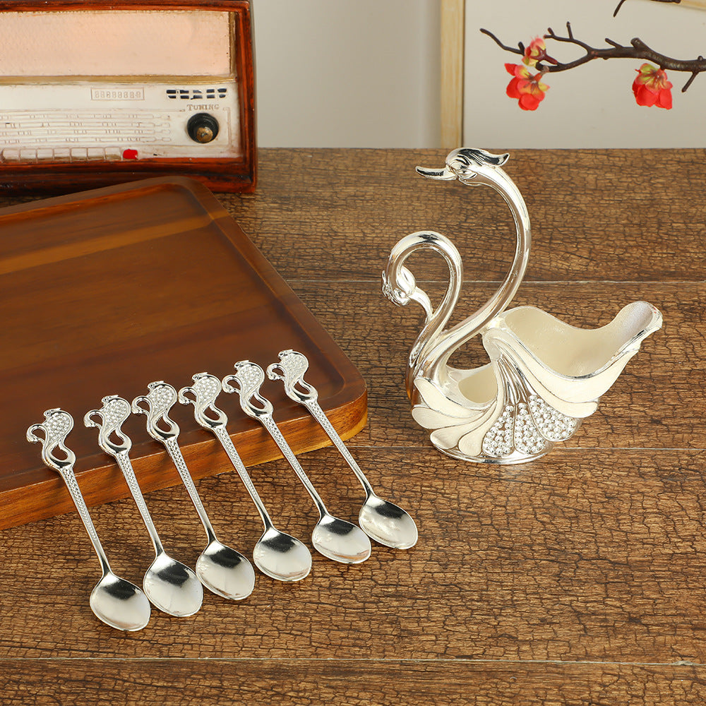 Silver Elegant Double Swan Cutlery Holder Set with 6pcs Spoons - Image 2