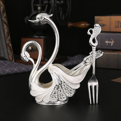 Silver Elegant Double Swan Cutlery Holder Set with 6pcs Fork - Image 2