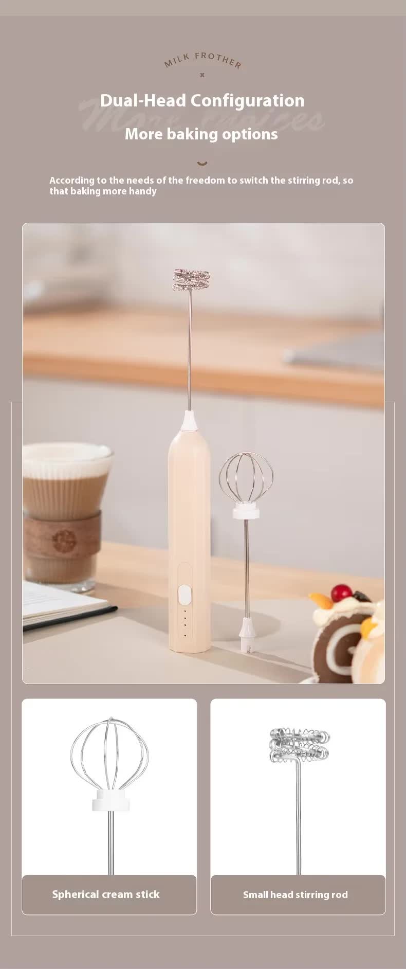 Black Mini Hand Mixer with Frother & Balloon Whisk Heads - Rechargeable Kitchen Tool - Image 4