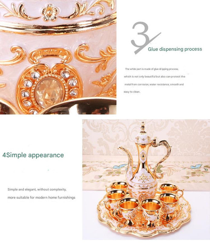 Elegant Gold Metal Serving Set - Decanter, 6 Cups, Tray (Gold Green) - Image 3