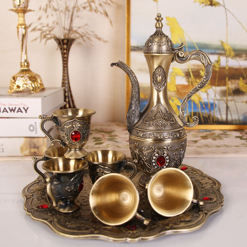 Elegant Gold Metal Serving Set - Decanter, 6 Cups, Tray (Copper)