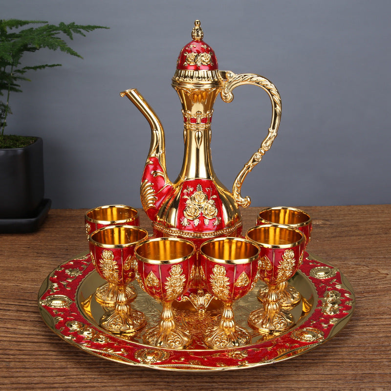 Vintage Palace Style Liquor Serving Set - Metal Pot, 6 Cups & Tray (Golden Red) - Image 2