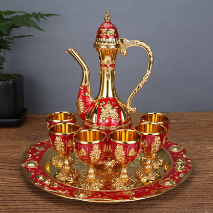 Vintage Palace Style Liquor Serving Set - Metal Pot, 6 Cups & Tray (Golden Red) - Image 2
