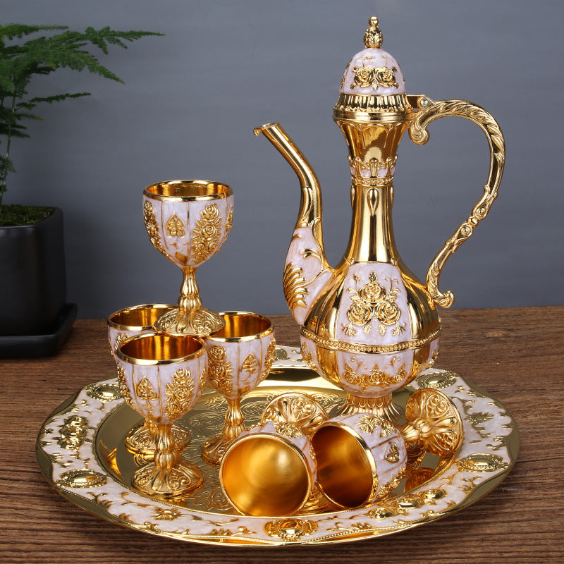 Vintage Palace Style Liquor Serving Set - Metal Pot, 6 Cups & Tray (White Gold) - Image 2