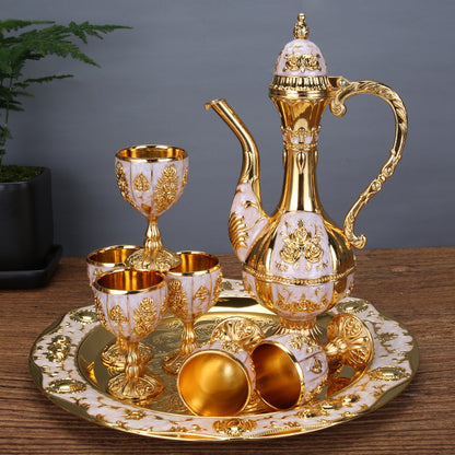 Vintage Palace Style Liquor Serving Set - Metal Pot, 6 Cups & Tray (White Gold) - Image 2