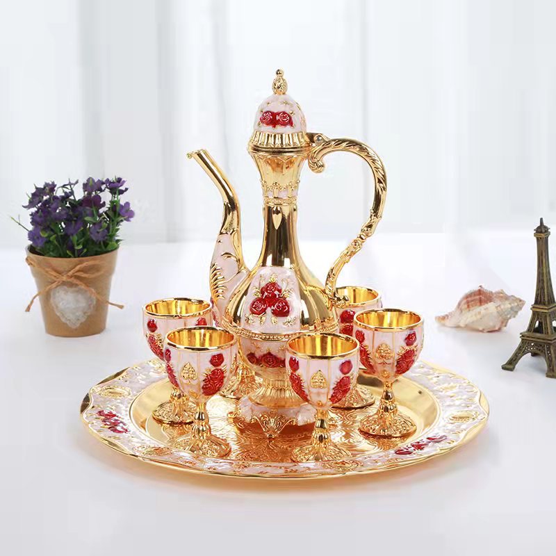 Vintage Palace Style Liquor Serving Set - Metal Pot, 6 Cups & Tray (White gold red rose) - Image 2