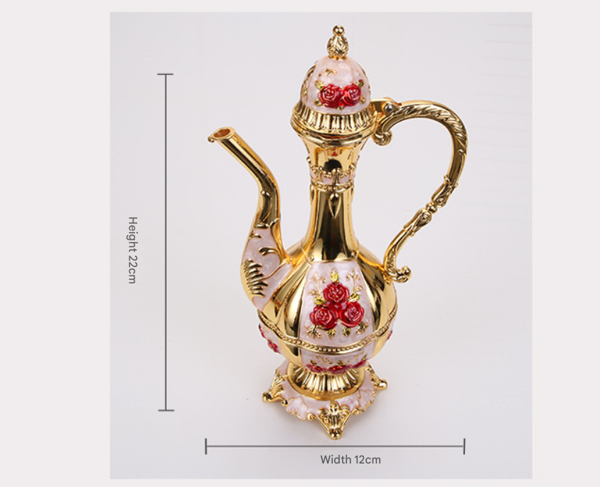 Vintage Palace Style Liquor Serving Set - Metal Pot, 6 Cups & Tray (White gold red rose) - Image 3